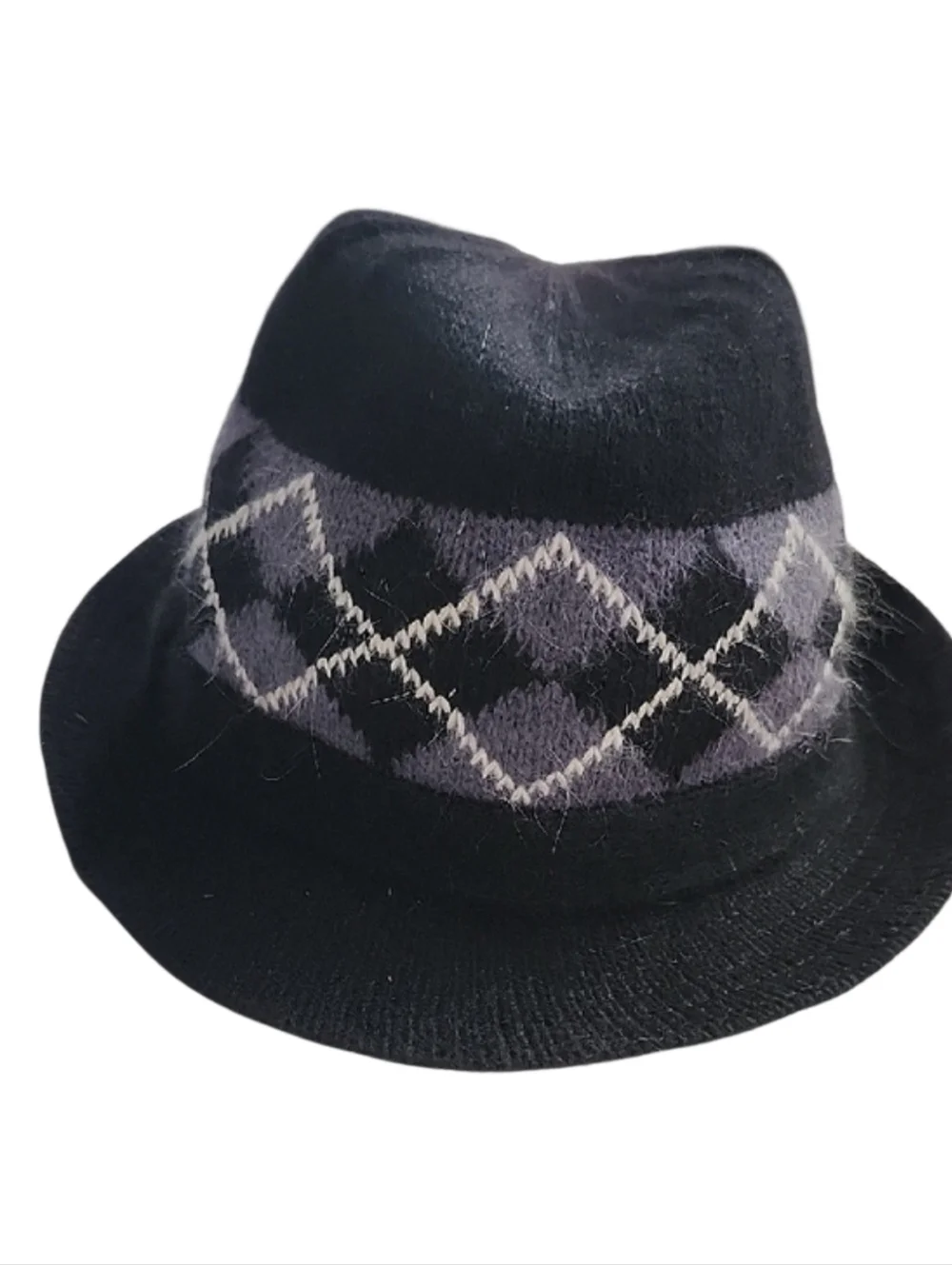 Fedora Cloche Bucket Hat Black And Grey Argyle Knit Wool/ Angora - Unbranded